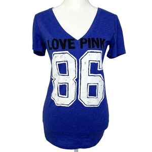 PINK Victoria's Secret Love Pink 86 V-Neck Tee Women XS Blue Varsity Graphic